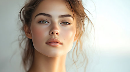 A beautiful woman with smooth, glowing skin, captured in soft natural lightの素材
