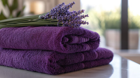 A stack of purple towels neatly folded on a spa table, with lavender sprigs on topの素材