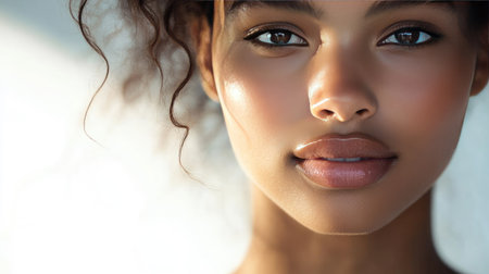 A beautiful woman with smooth skin, her face gently lit by soft, natural lightの素材