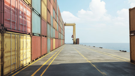 Empty cargo ship deck with large containers stacked neatly, no crew, clear skiesの素材