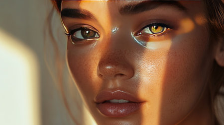 A beautiful woman with smooth, clear skin, her face illuminated by soft, natural lightの素材