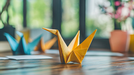 A yellow origami crane sitting on a wooden desk, with other colorful cranes in the backgroundの素材