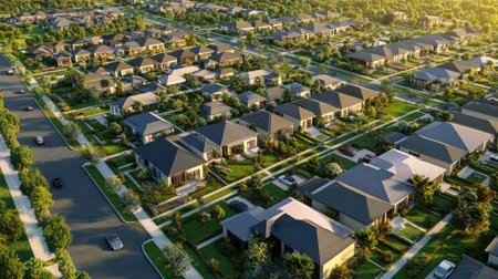 Aerial view of a residential neighborhood with modern homes and green spaces neatly organizedの素材