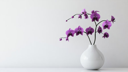 Purple orchids arranged in a minimalist vase, set against a white background for a striking contrastの素材