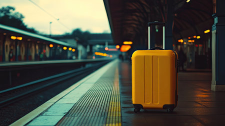 A yellow suitcase waiting at a train station platform, ready for a travel adventureの素材