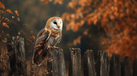 A brown barn owl perched on a wooden fence, with its feathers blending into the backgroundの素材