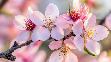 A close-up of almond blossoms on a tree branch, with a soft focus backgroundの素材