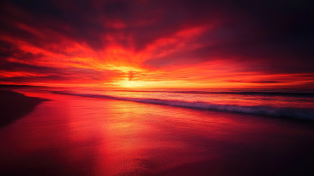 A dramatic red sky during a fiery sunrise over a tranquil beachの素材