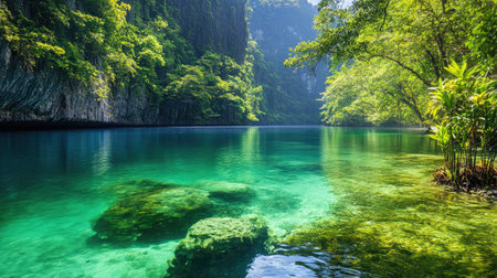 A tranquil green lagoon with crystal-clear water and lush vegetationの素材