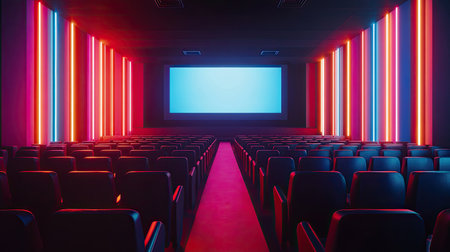 Movie theater interior with no people, featuring a large screen and rows of empty seatsの素材