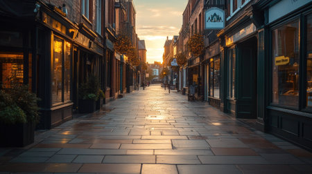 Empty pedestrian street with clear path and no people, lined with shops, early morningの素材