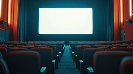 Close-up of an unoccupied cinema hall with a large screen and empty rows of seatingの素材