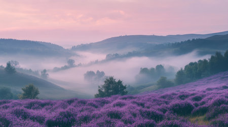A misty morning landscape with purple heather blooming across rolling hills, under a pastel skyの素材