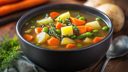 A hearty bowl of vegetable soup with chunks of carrots, potatoes, and green beansの素材