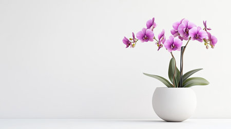 Purple orchids arranged in a minimalist vase, set against a white background for a striking contrastの素材