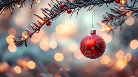 A festive red Christmas ornament hanging from a decorated tree branchの素材