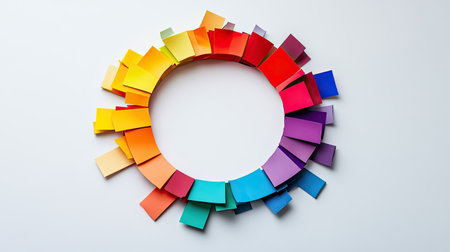 A creative circle graph made of colorful paper pieces arranged on a white tableの素材