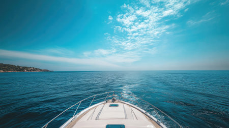 A sea view from a yacht, with blue waters and a clear sky in the background.の素材