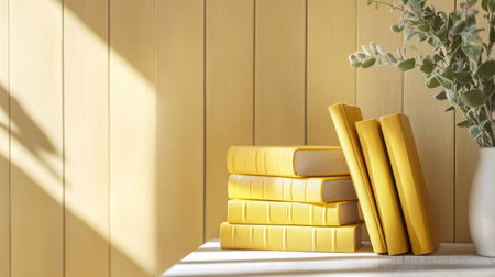 A stack of yellow books on a shelf, creating a cheerful and inviting reading cornerの素材