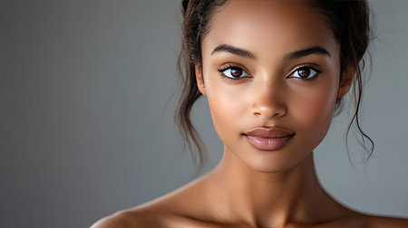 A beautiful woman with smooth, radiant skin, looking confidently at the cameraの素材