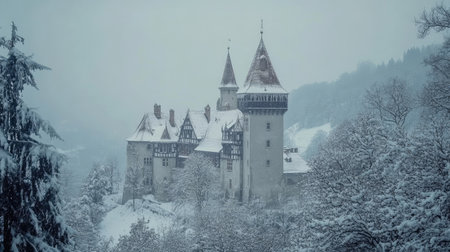 Snowfall over a historic castle with snow-covered towers and treesの素材