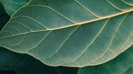 A detailed macro shot of a green leaf with visible veinsの素材