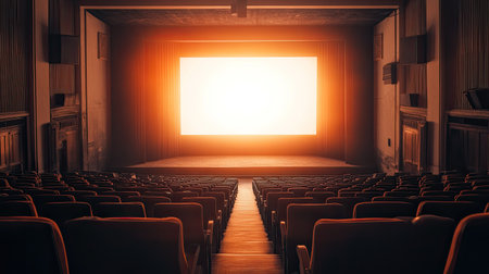 Empty theater with high-backed seats and a large, unlit movie screen in the frontの素材