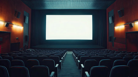 Empty movie theater with a large screen and clean rows of seats, ready for the audienceの素材