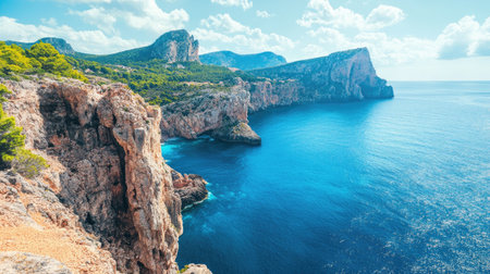 A scenic sea view from a cliff, overlooking deep blue waters and rocky coastline.の素材