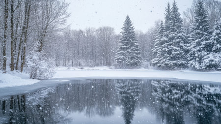 Snowfall over a frozen lake with snow-covered trees reflecting on the iceの素材