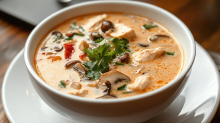 Aromatic Thai coconut soup with chicken and mushrooms in a bowl on a white plateの素材