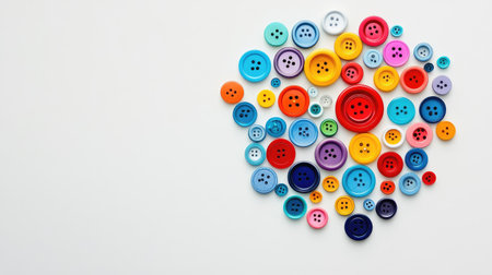 A creative circle graph made with colorful buttons on a white backgroundの素材