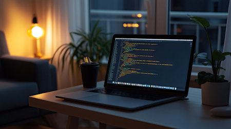 Close-up of a modern laptop with an open code editor on the screen, clean desk setupの素材