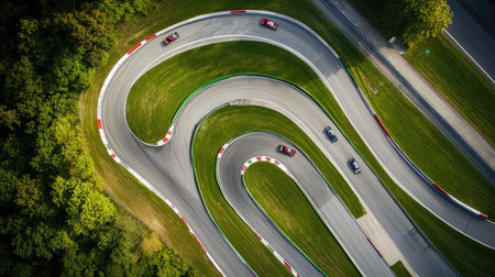 Aerial view of a race track with multiple cars competing, highlighting the tight curves and straight sectionsの素材