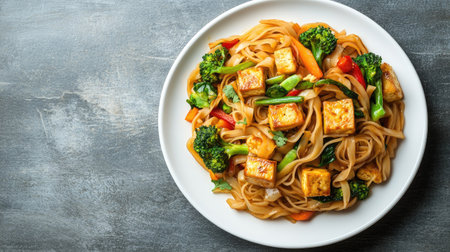 Stir-fried Thai noodles with mixed vegetables and tofu, served on a white plateの素材