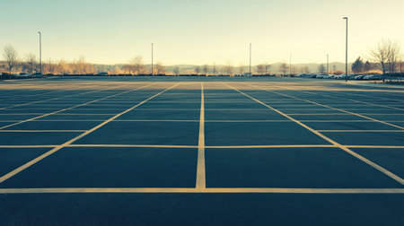 Deserted parking lot with marked spaces and clear lines, no cars, bright daylightの素材
