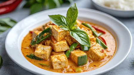 Rich and flavorful Thai red curry with tofu and vegetables on a white plateの素材