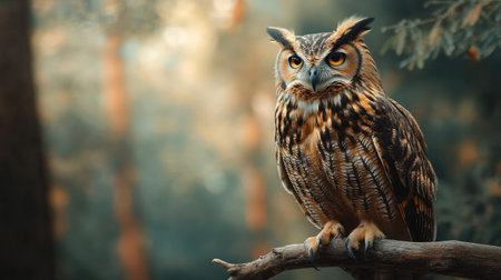 A close-up of a brown owl perched on a branch, with its feathers blending into the forest backgroundの素材