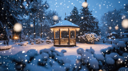 Snow-covered garden with a gazebo and falling snowflakesの素材