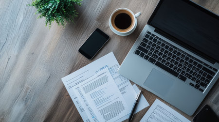 Organized business desk with a laptop, smartphone, documents, pen, and coffee cup, top view, modern settingの素材