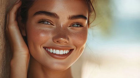 A beautiful woman with smooth, even-toned skin, smiling softlyの素材