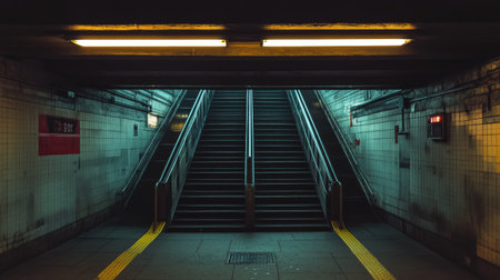 Deserted subway entrance with clear path and no commuters, urban setting -の素材