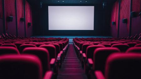 Movie theater with rows of empty red seats and a large, blank screenの素材