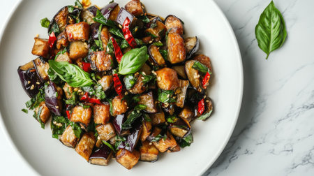 Thai eggplant stir-fry with basil and chili on a white plateの素材