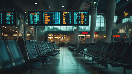 Empty airport terminal with rows of chairs and flight information displays, no travelersの素材