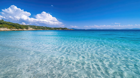 A serene sea view with crystal-clear blue waters and gentle waves under a bright sky.の素材