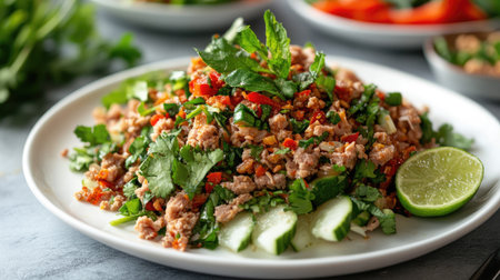 Spicy Thai larb salad with minced pork, herbs, and lime on a white plateの素材