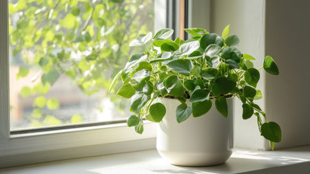 A green houseplant in a modern white pot on a windowsillの素材