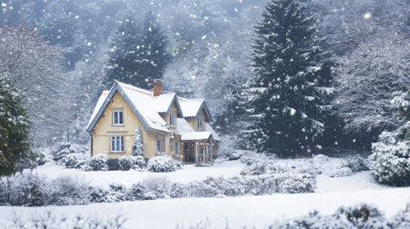 Snowfall over a charming cottage with snow-covered roof and treesの素材