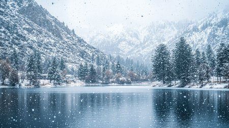 Snow falling on a serene lake with snow-covered mountains in the backgroundの素材